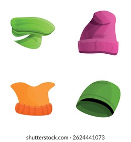 Autumn accessory icons set cartoon vector. Warm hat and scarf. Headwear, clothes