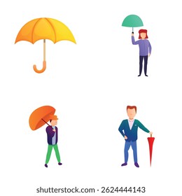 Ícones acessórios de outono definir o vetor de desenhos animados. Personagem sob guarda-chuva. Acessório de estação chuvosa