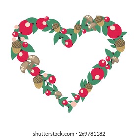 Autumn acorn, berry and mushroom pattern  heart wreath