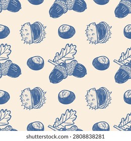 Autumn Acorn and Chestnut Seamless Pattern with Botanical Vintage Blue Drawing