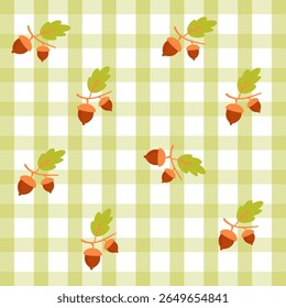 Outono Acorn Gingham Charme. Padrão sem emenda com bolotas e folhas em xadrez verde