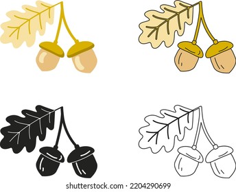 Autumn Acorn With Leaf Illustration In Flat Style, Line Art, Silhouette And Colored Icons