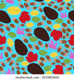 Autumn acorn, pine cone, maple leaves, and dry leaves seamless pattern