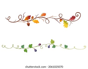 Autumn acorns and figs dividers.Fall decorations.Autumn text dividers and borders.Forest fall fruits and plants frames.Brown acorns,oak leaves,blue and purple figs. Harvest and thanksgiving ornaments.