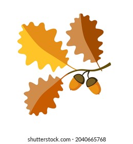 Autumn acorns on a twig with leaves. Foliage, autumn mood, acorns for children's crafts. Icon for website, weather app, postcard, food, nutrition. Vector flat illustration, cartoon style.