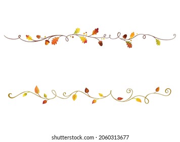 Autumn acorns text divider ornament. Fall decorations. Autumn text green brown and orange ornaments. Forest fall fruits and plants dividers. Swirl plants with acorns and oak leaves. Floral borders.