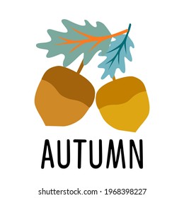 Autumn acron with leaves, Autumn vector sign.