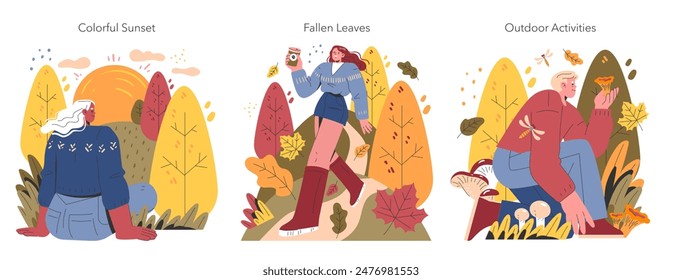 Autumn Activities set. People enjoying fall with colorful foliage, sunset views, and playful leaf throwing. A reflection of seasonal outdoor leisure. Vector illustration.