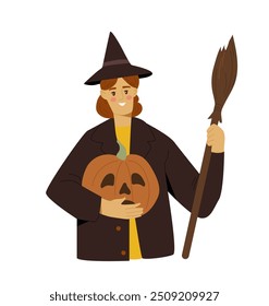 Autumn activity concept. Woman with pumpkin and broom. Girl with halloween. Holiday and festival of fear. Template and layout. Flat vector illustration isolated on white background