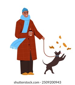 Autumn activity concept. Woman in warm clothes with dog. Owner with pet at leash. Routine and household chores. Sticker for social media. Flat vector illustration isolated on white background