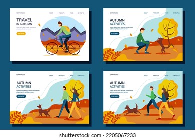Autumn activity web banner set. People resting in nature. Vector illustration.
