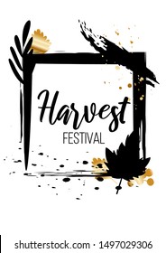 Autumn ad festival poster in luxurious style. Announcing text, golden and black silhouettes of fall leaves on white background. Vector template.