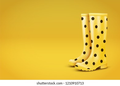 Autumn Advert Illustration. Pair of yellow rubber rain boots with black dots on yellow background. Season sale and marketing. Shopping poster with copy space in trendy color. Vector