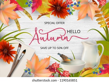 Autumn Advertising Banner. Vector composition with a pitcher and bird drinking water from a pottery bowl, brush and sheets of paper