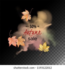 Autumn advertising banner. Vector watercolor splash with transparent details and falling leaves. Abstract painting background