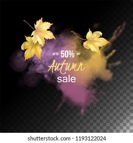 Autumn advertising banner. Vector watercolor splash with transparent details and falling leaves. Abstract painting background