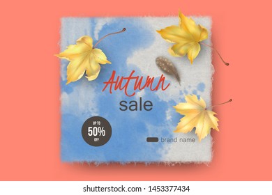 Autumn advertising banner. Vector watercolor splash with transparent details and falling leaves. Abstract painting background