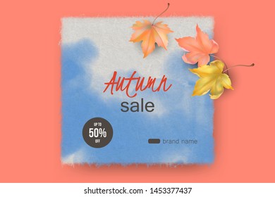 Autumn advertising banner. Vector watercolor splash with transparent details and falling leaves. Abstract painting background