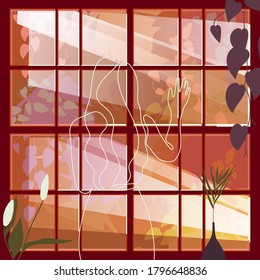 Autumn aesthetic landscape with sunbeams and leaves. Silhouette of a girl at the window. The woman looks through the window at the yellow foliage. Colorful vector background with plants. Flat design.
