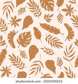 Autumn aesthetic seamless pattern of different abstract tropical leaves on a beige background. Botanical trendy vector illustration. Brown and beige colors