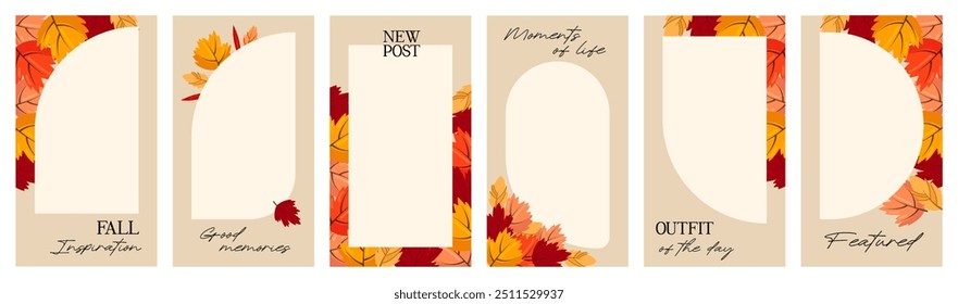 Autumn aesthetics social media story templates para blog influenciencer. Lugar para uma foto. Conjunto de quadros vetoriais com folhas de outono brilhantes 