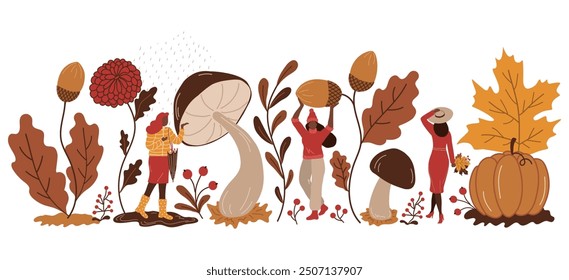 Autumn Aesthetics. Autumn and Women. Hello Autumn with People, Concept. Maple Leaves, Oak Leaves, Acorns, Pumpkin, Mushrooms, Berries, Fall Flower, Plants. Vector Illustration in Yellow, Orange, Brown