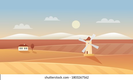 Autumn agriculture landscape vector illustration. Cartoon flat autumnal panorama scenery with windmill and farm village house on rural organic wheat field, farmland agricultural scene background
