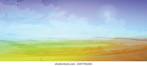 Autumn agriculture vector. Watercolor nature illustration. Minimal abstract season banner in warm colors. Autumn landscape. Rural view. Fields and meadows. 