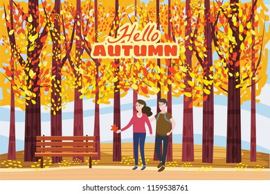Autumn alley, couple guy and girl characters walking along the path in the park, fall, autumn leaves, mood, color, vector, illustration, cartoon style, isolated