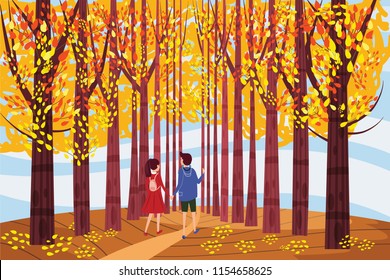 Autumn alley, guy and girl characters walking along the path in the park, fall, autumn leaves, mood, color, vector, illustration, cartoon style, isolated