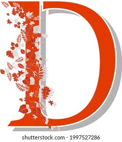 Autumn alphabet. The letter D, orange with shadows and beautiful autumn leaves in the wind. Illustration on a white background.