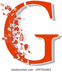 Autumn alphabet. The letter G, orange with shadows and beautiful autumn leaves in the wind. Illustration on a white background.