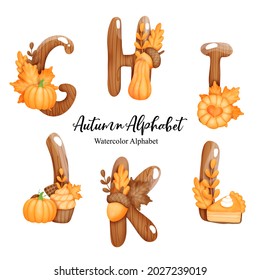 Autumn alphabet with letter G,H,I,J,K and L. Watercolor autumn letter with pumpkin