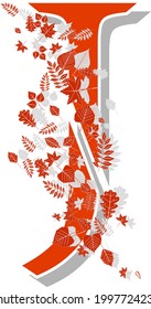 Autumn alphabet. The letter J, orange with shadows and beautiful autumn leaves in the wind. Illustration on a white background.
