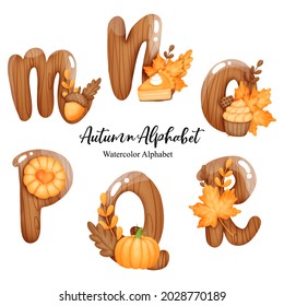 Autumn alphabet with letter M,N,O,P,Q,R Watercolor autumn letter with pumpkin