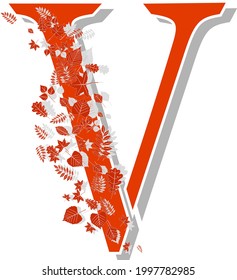 Autumn alphabet. The letter V, orange with shadows and beautiful autumn leaves in the wind. Illustration on a white background.
