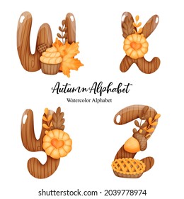 Autumn alphabet with letter W,X,Y,Z Watercolor autumn letter with pumpkin