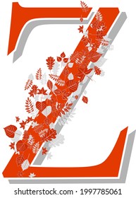 Autumn alphabet. The letter Z, orange with shadows and beautiful autumn leaves in the wind. Illustration on a white background.