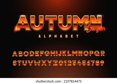 Autumn alphabet typeface. Vector retro font. Modern typography brown, red and orange. Metallic chrome effect with color gradient. Seasonal autumn, night club, music or other retro, modern or futuristi