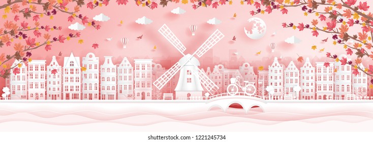 Autumn in Amsterdam, The Netherlands with falling maple leaves in paper cut style vector illustration