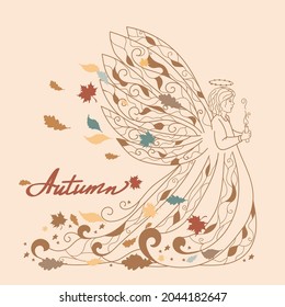 Autumn angel, symbol of autumn, colorful leaves fly in the wind