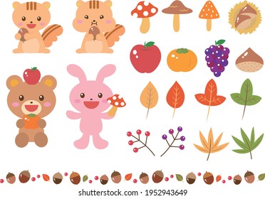 Autumn animal fruit illustration set