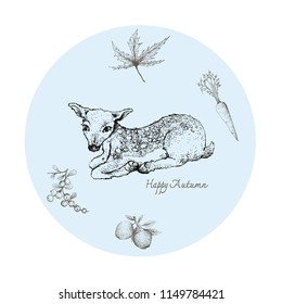 Autumn Animal, Illustration Hand Drawn of Fawn Deer with Carrot, Apples, Berries and Maple Leaf. Symbolic Animal to Show The Signs of Autumn Season. 