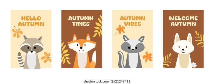 Autumn animal poster collection. Set of animal character card template. Wall decor. Wall art illustration. Animal wall art. Fall greeting card. Fall poster. Autumn poster. Mushroom greeting card.