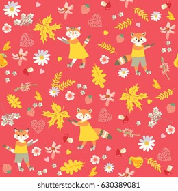 Autumn animal seamless pattern. Foxes, cats, flowers, strawberry, mushrooms and leaves on red background.
