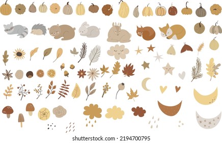 Autumn animals bundle clipart, pumpkin, leaves, kids illustration