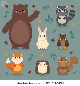 Autumn animals. Fall october season. Wild forest animals, wildlife.  Autumn woodland children design background. Orange nature. Baby vector illustration. 