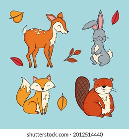 Autumn animals. Fall october season. Wild forest animals, wildlife.  Autumn woodland children design background. Orange nature. Baby vector illustration. 