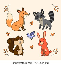 Autumn animals. Fall october season. Wild forest animals, wildlife.  Autumn woodland children design background. Orange nature. Baby vector illustration. 