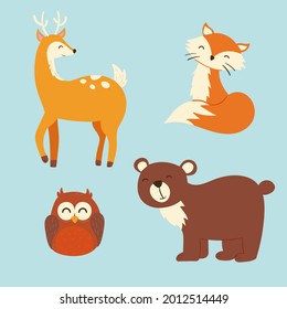 Autumn animals. Fall october season. Wild forest animals, wildlife.  Autumn woodland children design background. Orange nature. Baby vector illustration. 